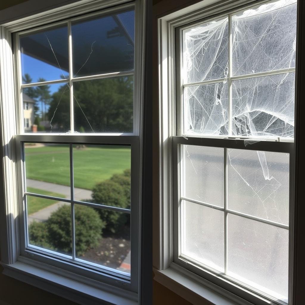 Comparison of repairable cracked window versus window needing replacement in Maryland home