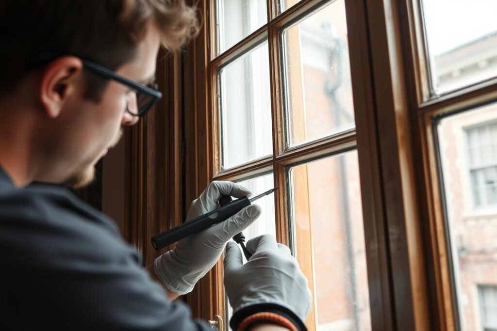Historic single-pane window glass in a DC row house being repaired