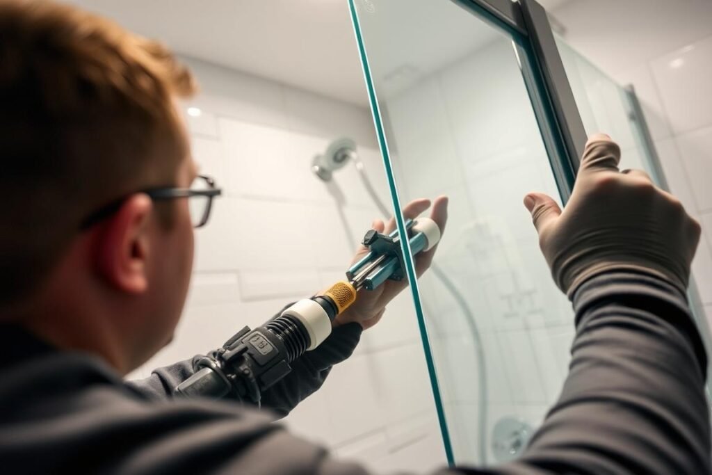 Tempered safety glass being installed in a Fairfax, VA bathroom