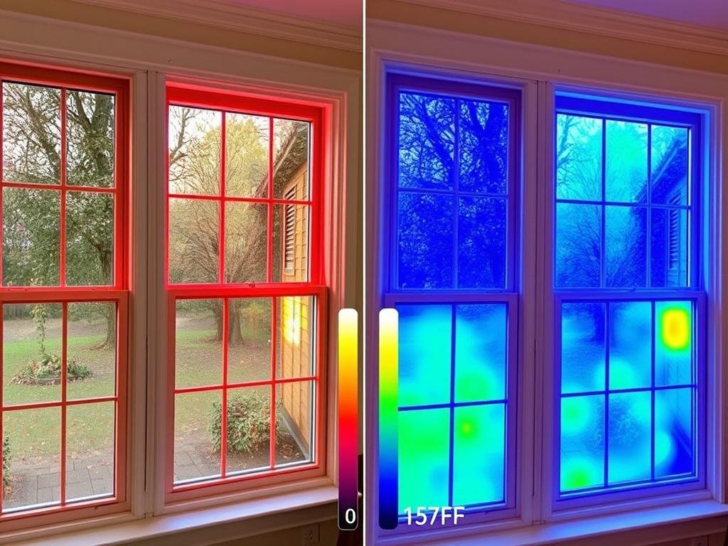 Thermal imaging comparison showing energy loss in standard vs. efficient windows in a Potomac home