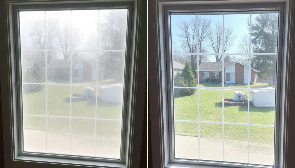 Before and after comparison of repaired foggy double pane windows