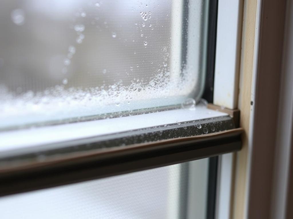 Close-up of failed window seal showing moisture intrusion between panes