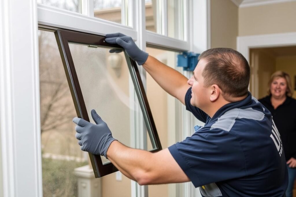 Professional technician repairing a foggy double pane window