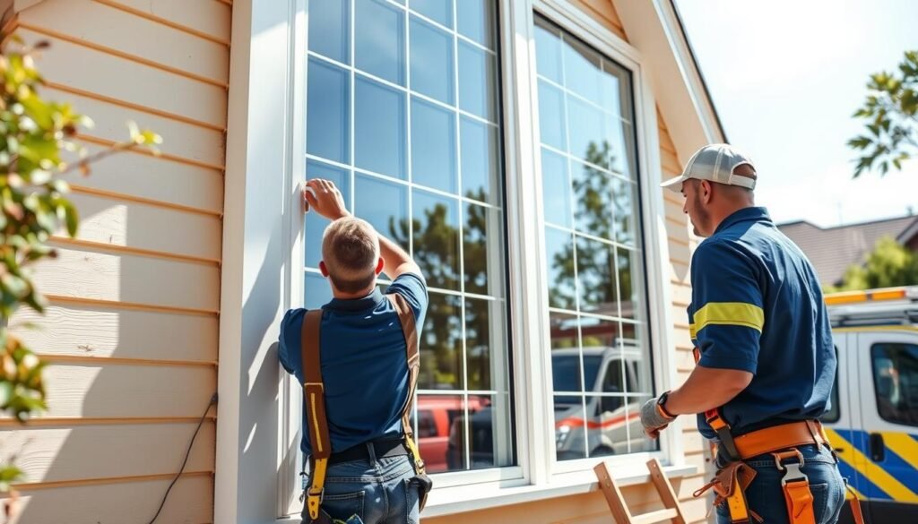 Summer Window Installation and Glass Repair Promotion showing technicians installing energy-efficient windows on a sunny day