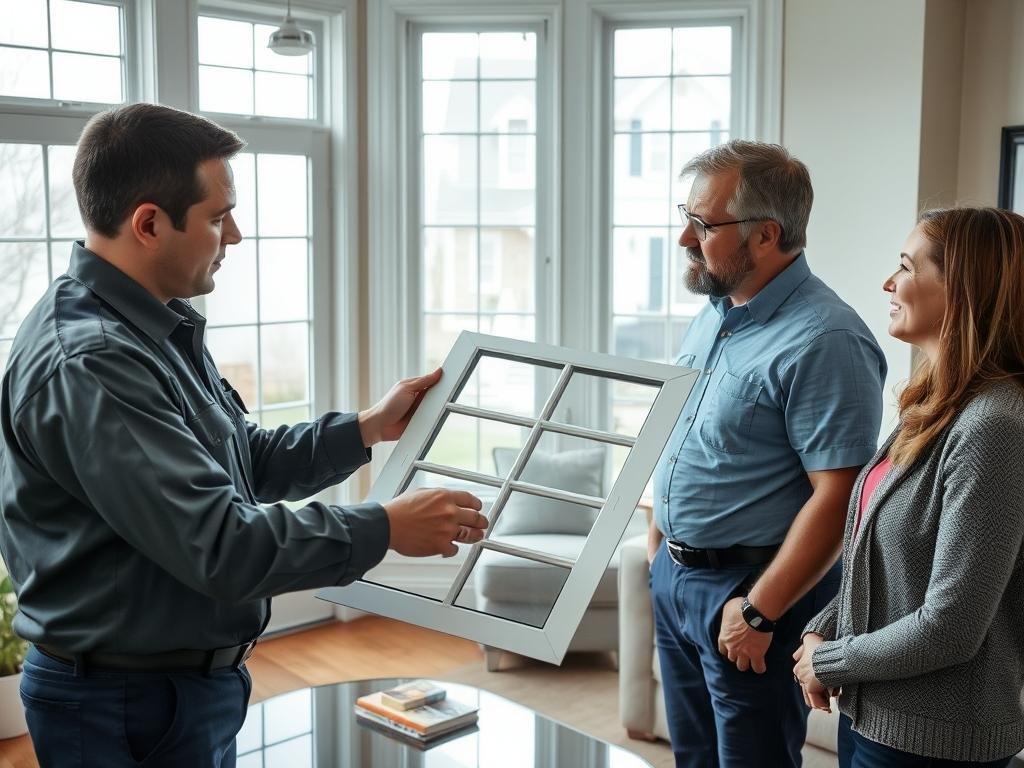 Technician answering questions about window glass replacement options Technician answering questions about window glass replacement options
