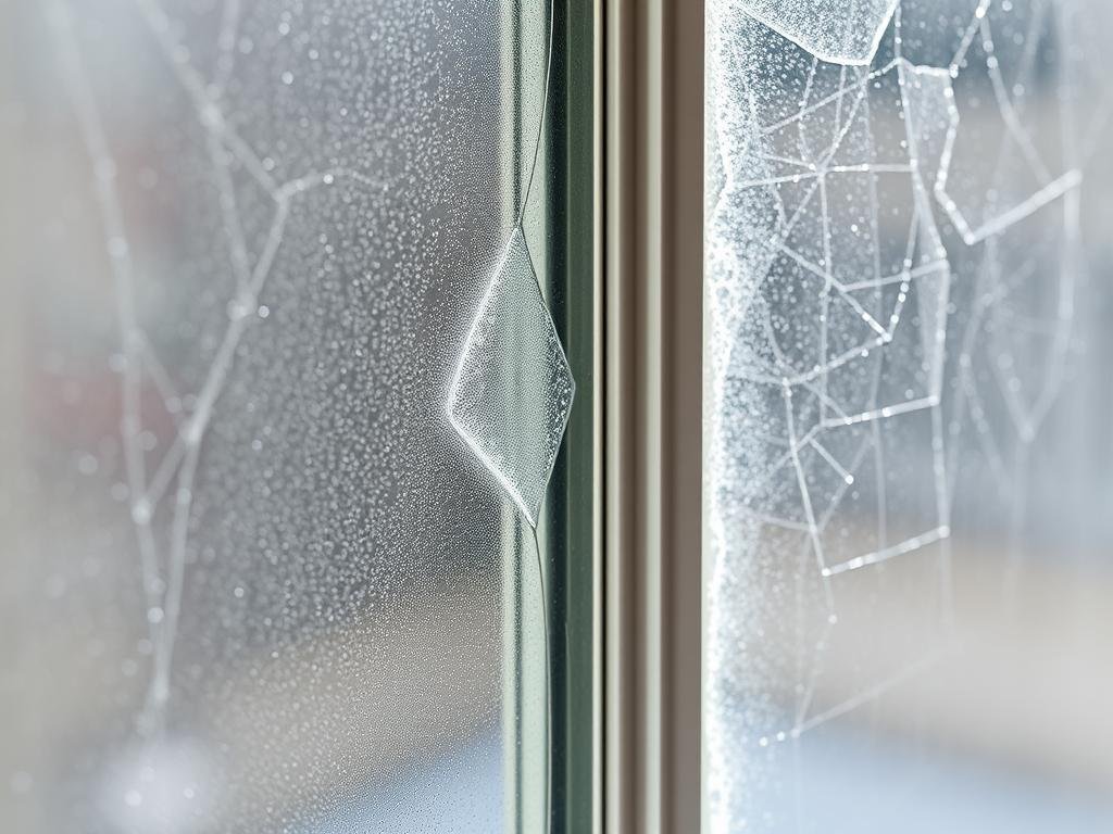 Window with visible condensation between glass panes showing seal failure Window with visible condensation between glass panes showing seal failure