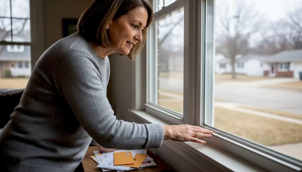 Homeowner inspecting window seal for drafts