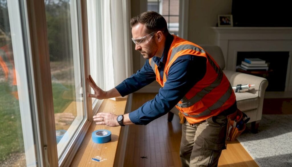 Technician inspecting window in bright living room
