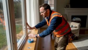 Technician inspecting window in bright living room