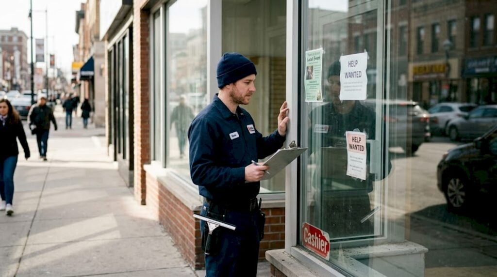 Technician inspecting retail storefront glass exterior