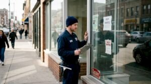 Technician inspecting retail storefront glass exterior