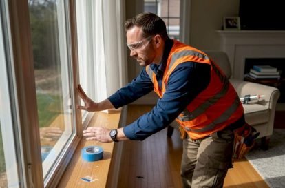 Technician inspecting window in bright living room