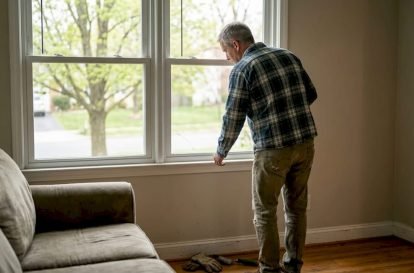 Homeowner examining cracked window in living room