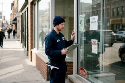 Technician inspecting retail storefront glass exterior