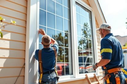 Summer Window Installation and Glass Repair Promotion showing technicians installing energy-efficient windows on a sunny day